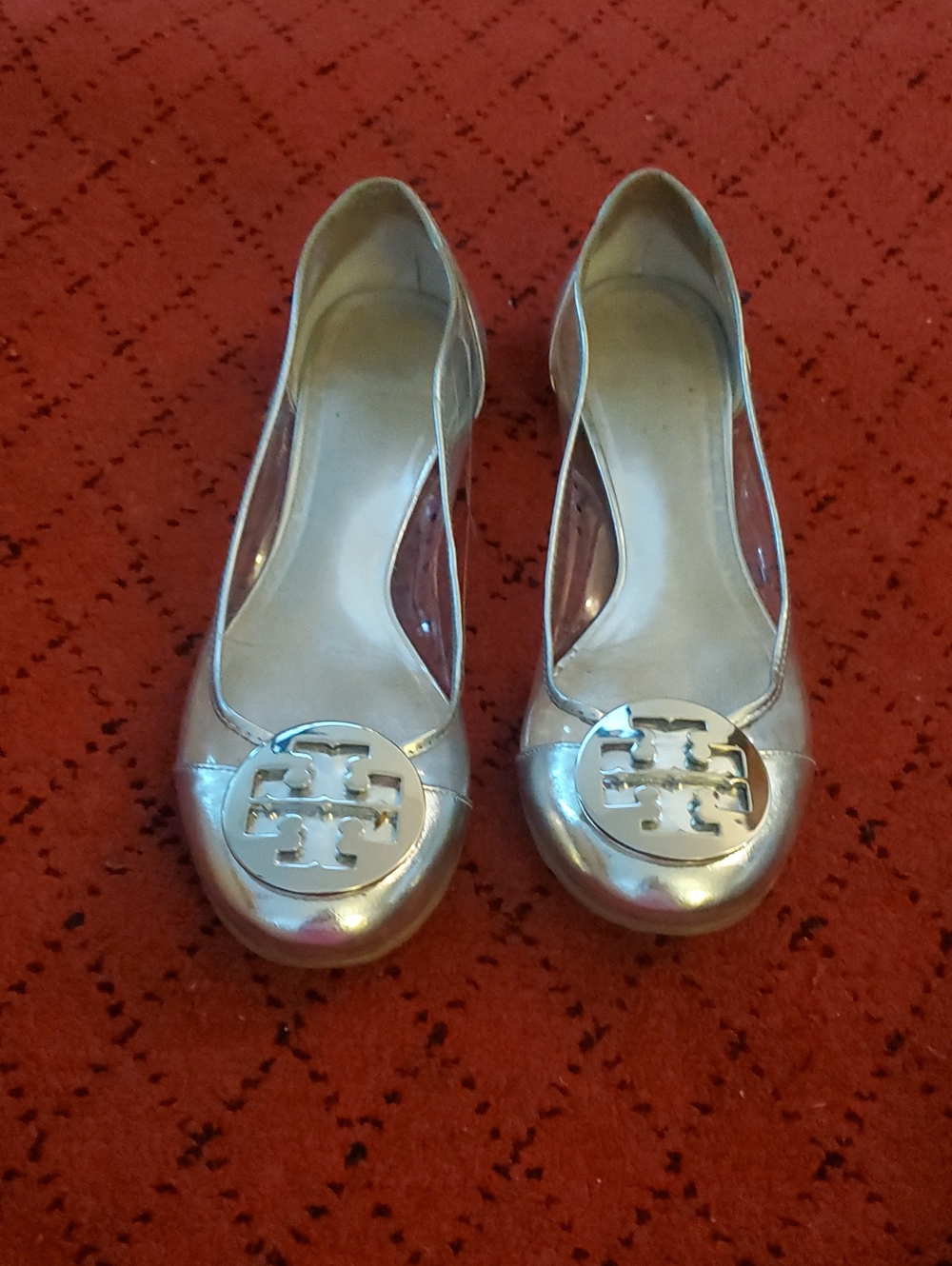 Tory Burch Metallic Silver Round-Toe Logo Ballet Flats